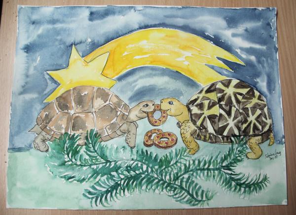 Aquarell Malerei "Freundschaft zur Weihnachtszeit" Schildkröten von Sabrina Lang